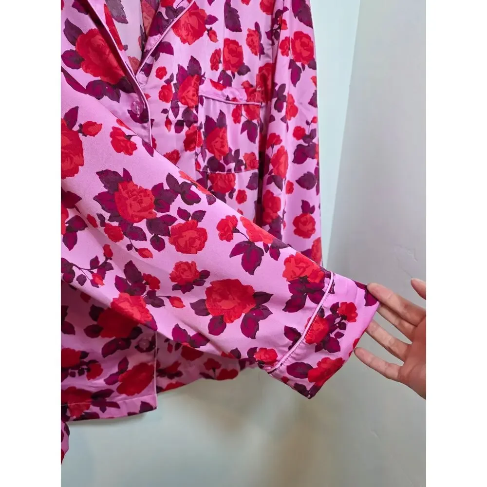 LOFT Pink Floral Silky Pajama Set Size XXL / 2X Satin Notch Colar